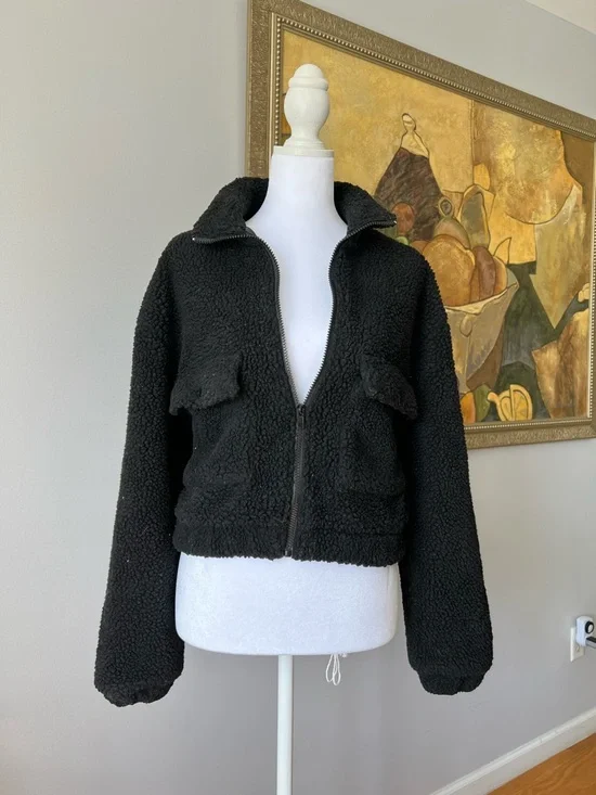 Dazy Black Zip-Up Cropped Faux Shearling Teddy Jacket Size S - Picture 1 of 12